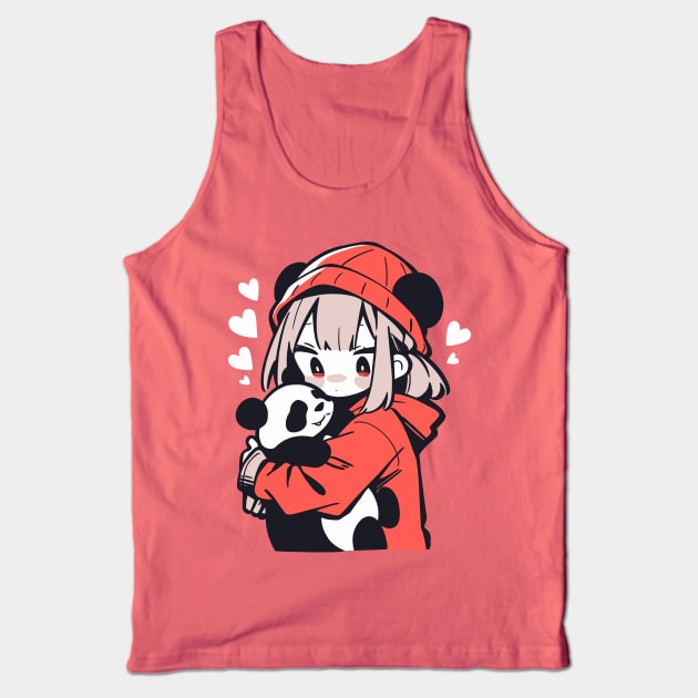 Cute Anime Girl Holding a Panda Tank Top by TeeTopiaNovelty